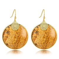 Elegante Gouden Oorbel met Picture Jasper en Bloemenbedel