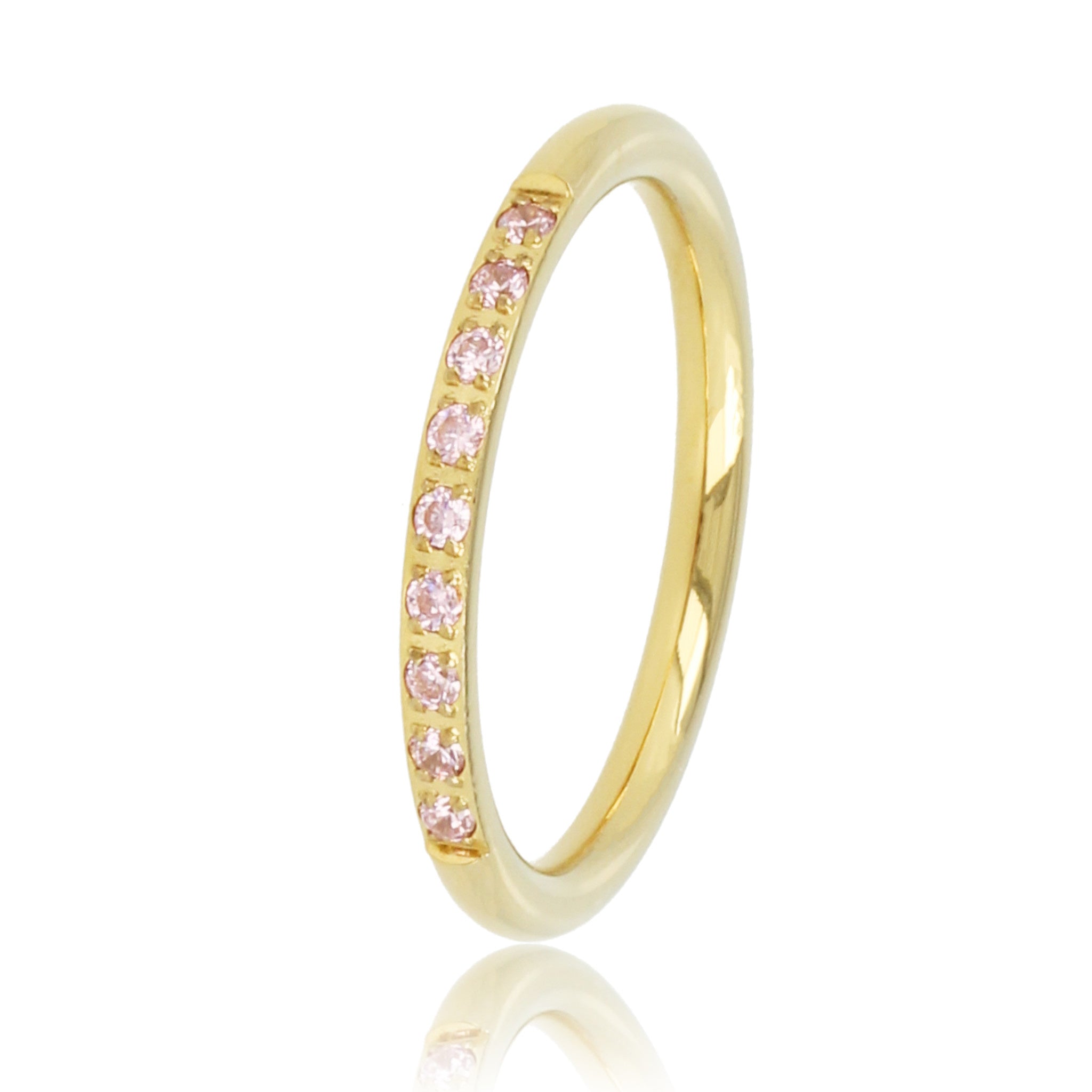 Fijne aanschuifring goud - roze zirkonia steentjes - My Bendel