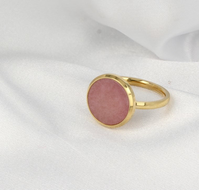 Gouden ring - Ronde roze Rhodonite edelsteen - Modern design
