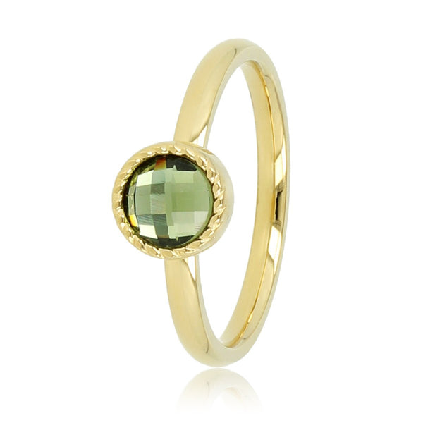Gouden aanschuifring - groene glassteen - twisted randje - My Bendel