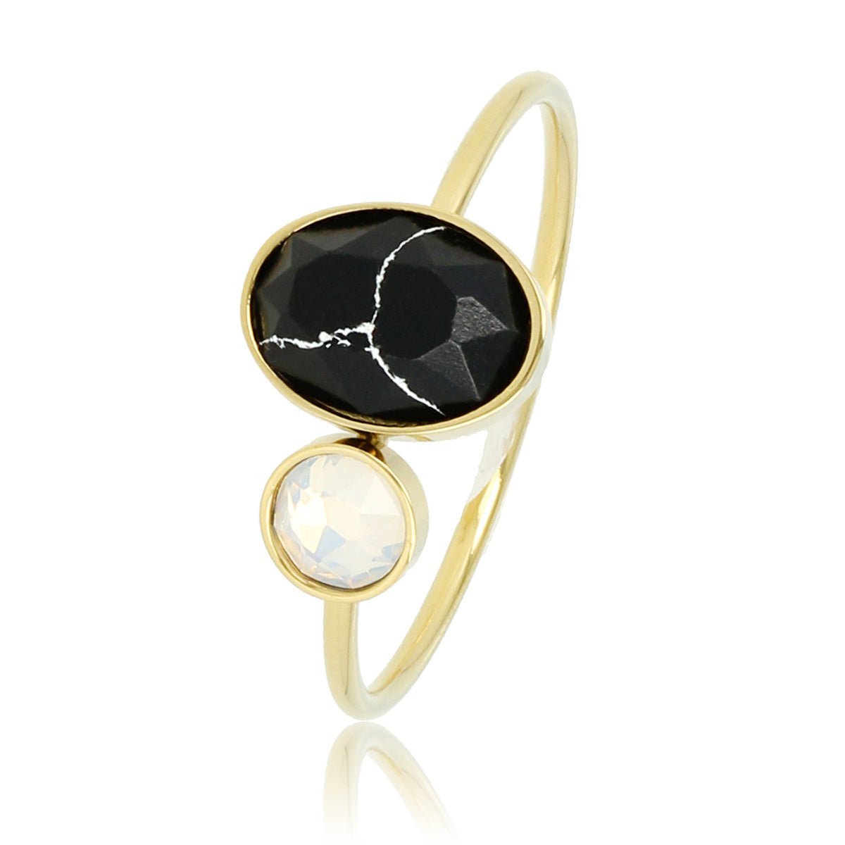 Gouden aanschuifring - Zwarte en quartz glassteen - My Bendel
