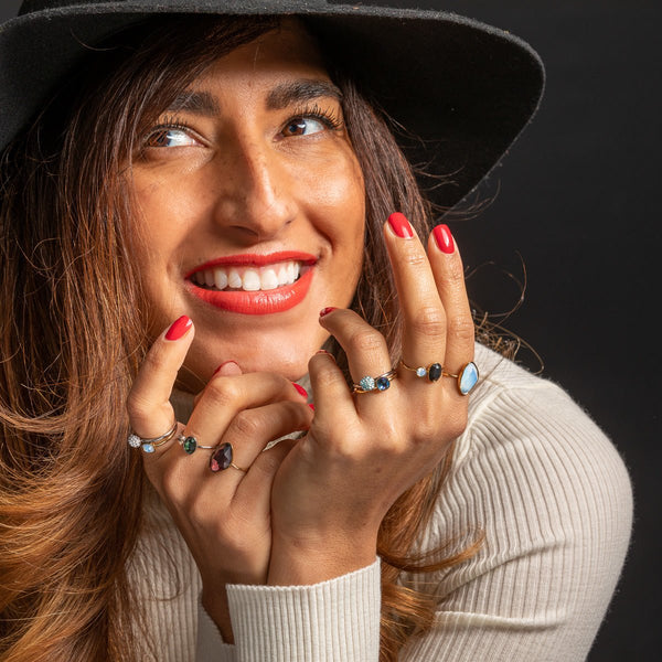 Gouden aanschuifring - Zwarte en quartz glassteen - My Bendel