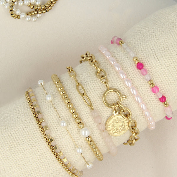 Gouden Armband met Witte Parel Schakels - My Bendel