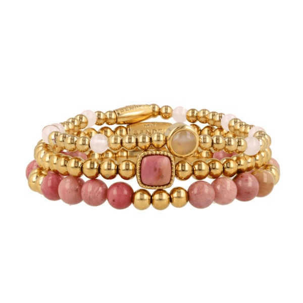 Gouden Armbanden Set Rhodonite & Rose Quartz Edelstenen - My Bendel