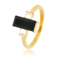 Golden women's ring - black crystal - white zirconia stones