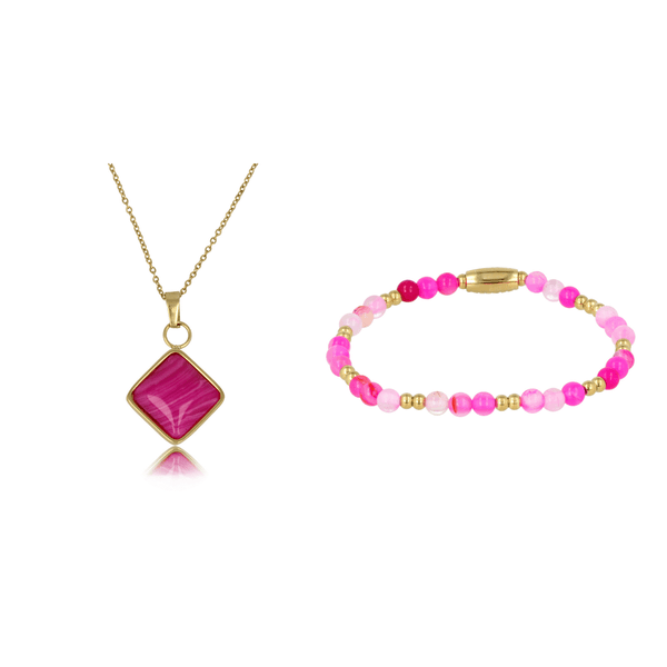 Gouden Ketting & Armband Set met Rose Stripe Agate Edelsteen - My Bendel