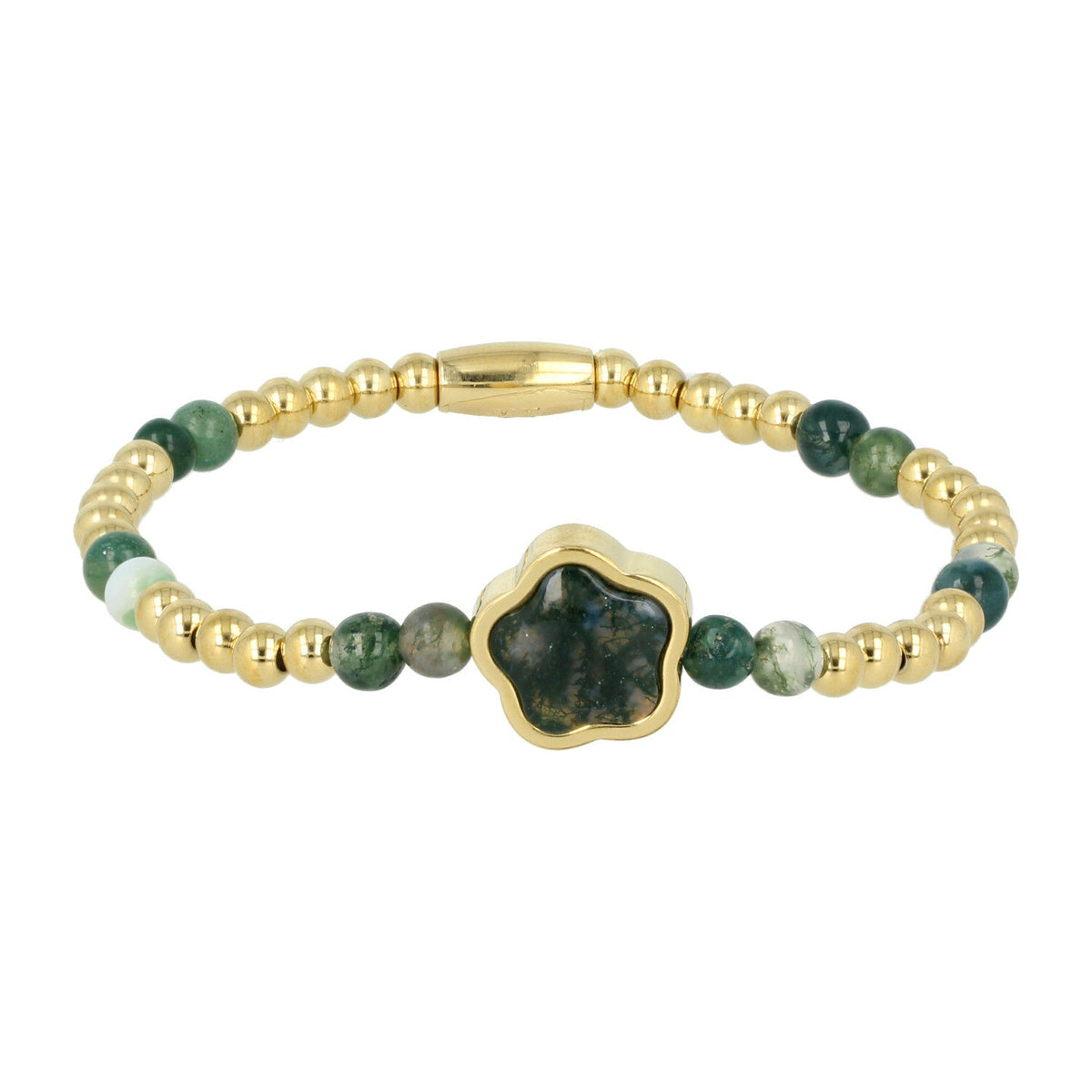 Gouden Kralenarmband met Moss Agate Bloemen bedel - My Bendel