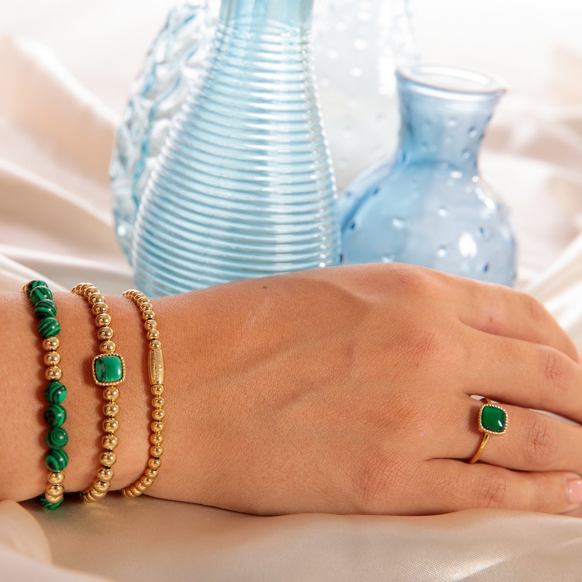 Gouden Malachite Armband - Luxe Elastische Damesarmband - My Bendel