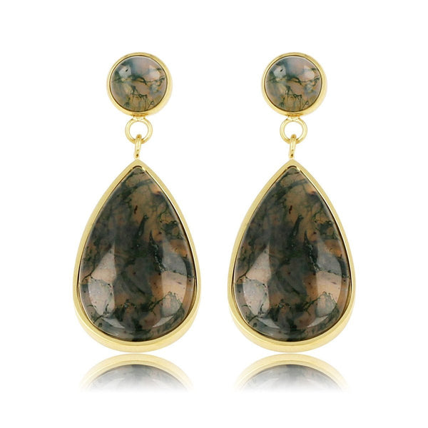 Gouden Oorbel met Moss Agate Druppel Hanger - My Bendel