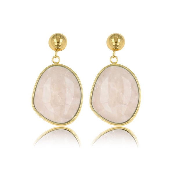 Gouden Oorbel met Ronde Rose Quartz Hanger - My Bendel
