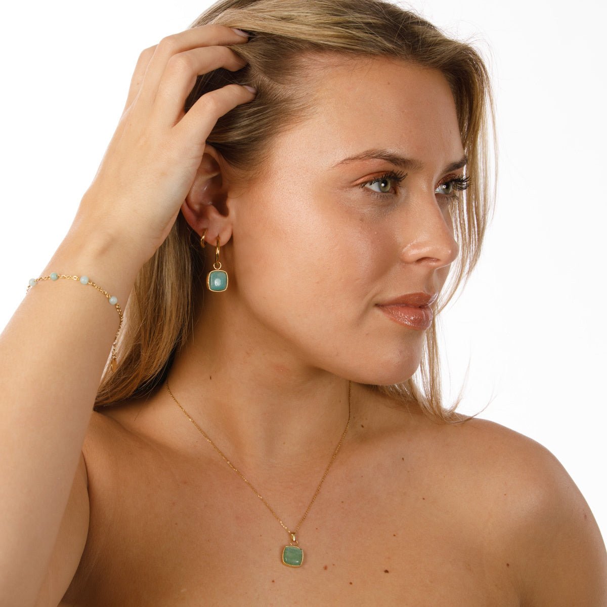 Gouden Oorring met Amazonite Edelsteen 38mm - My Bendel