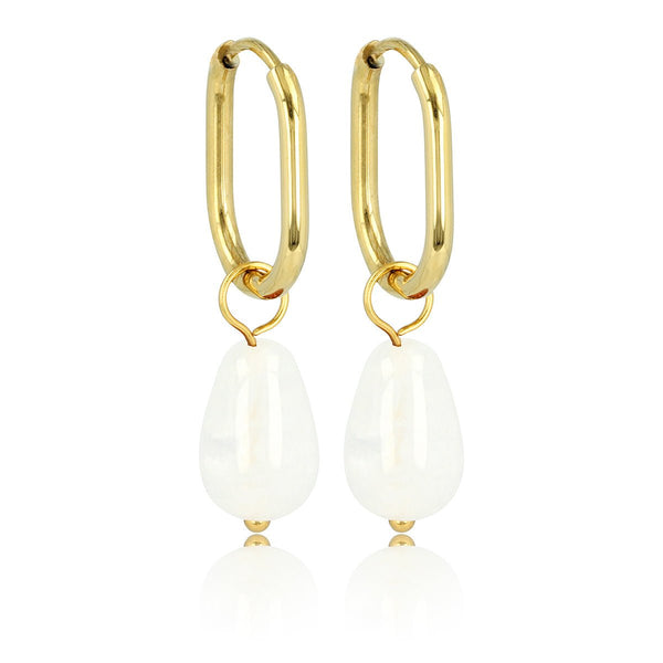 Gouden Ovalen Oorringen met Peervormige White Quartz Hanger - My Bendel