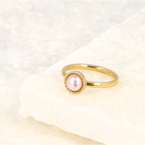 Gouden ring met roze parel - Getwist randje - Vintage - My Bendel