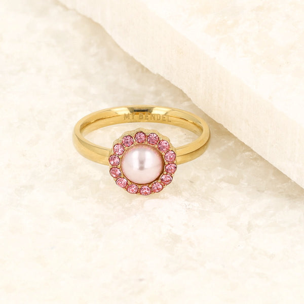 Gouden ring - roze parel - zirkonia steentjes - My Bendel