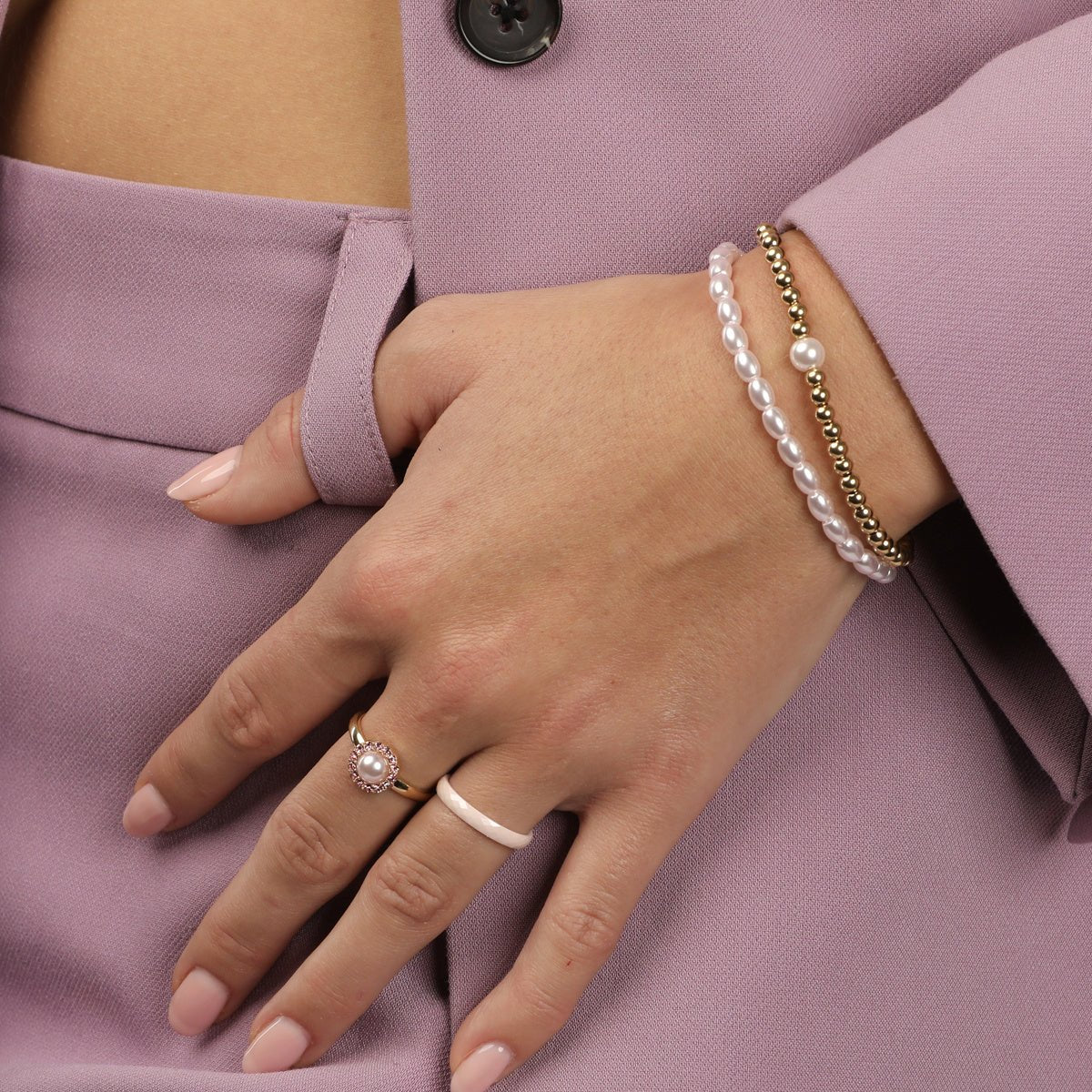Gouden ring - roze parel - zirkonia steentjes - My Bendel