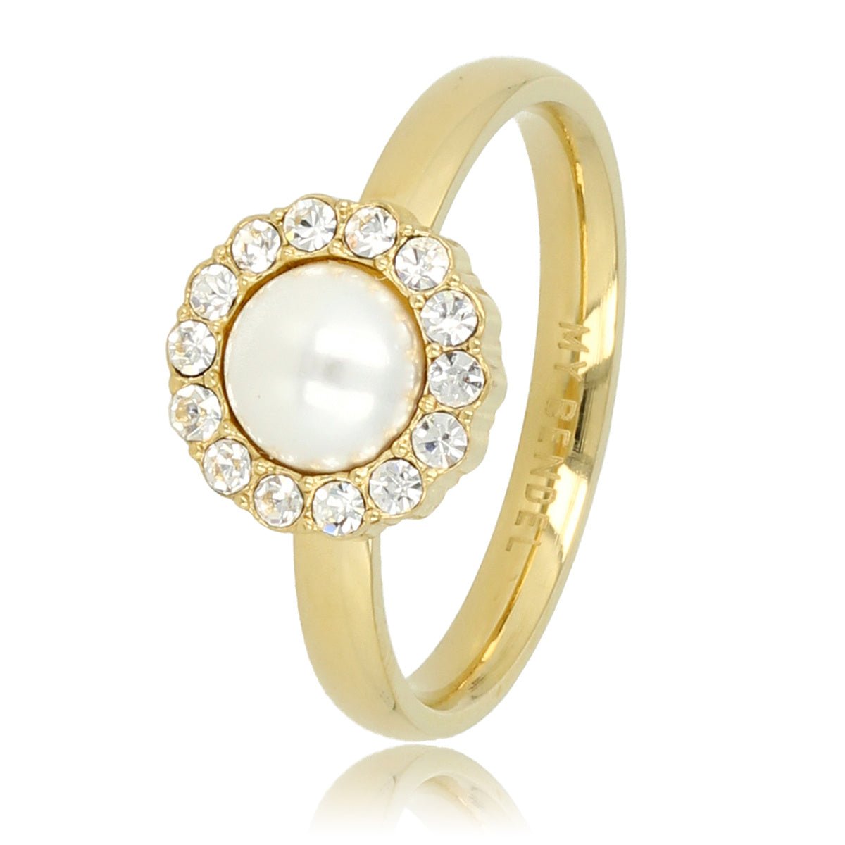 Gouden ring - witte parel - zirkonia steentjes - My Bendel