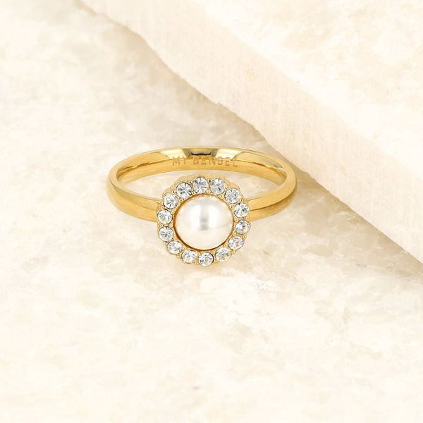 Gouden ring - witte parel - zirkonia steentjes - My Bendel