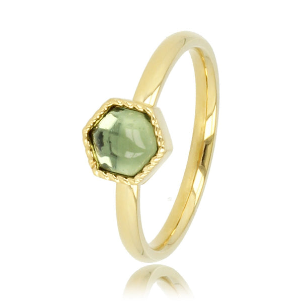 Gouden ring - zeshoek vorm - groene glassteen - My Bendel