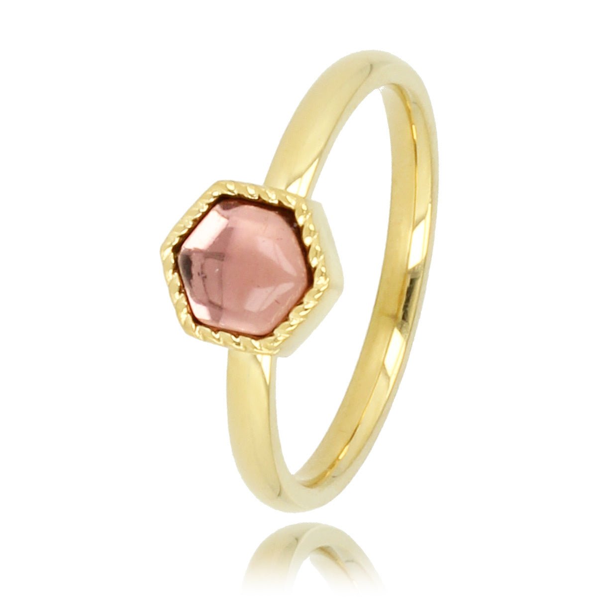 Gouden ring - zeshoekig - donkerroze glassteen - My Bendel