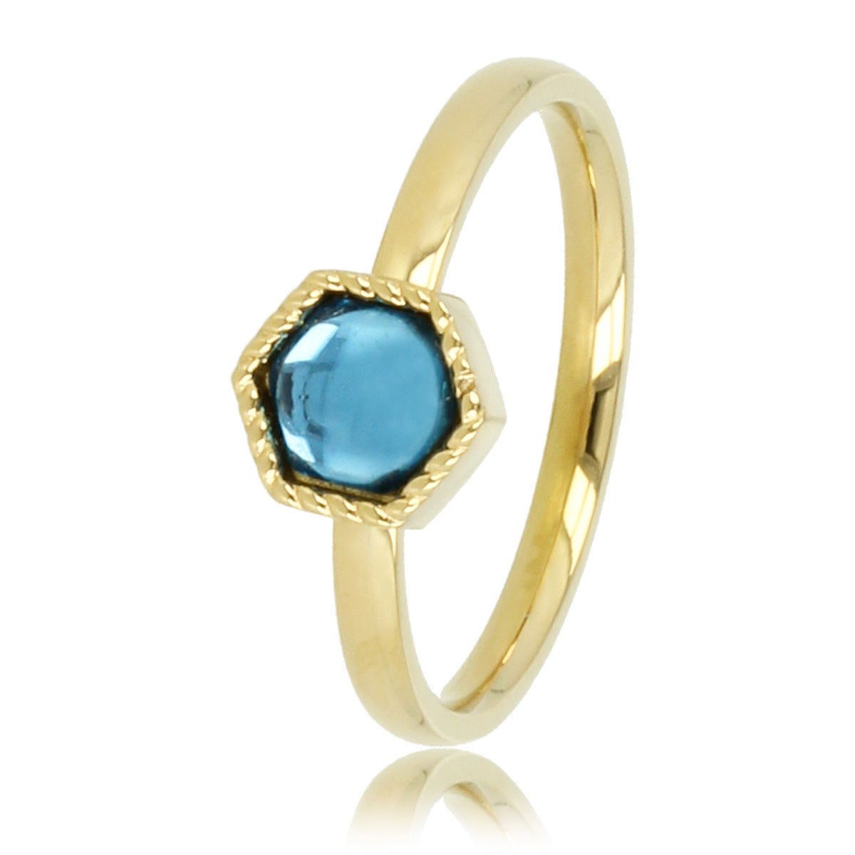 Gouden ring - Zeshoekig ontwerp - Blauwe glassteen - My Bendel