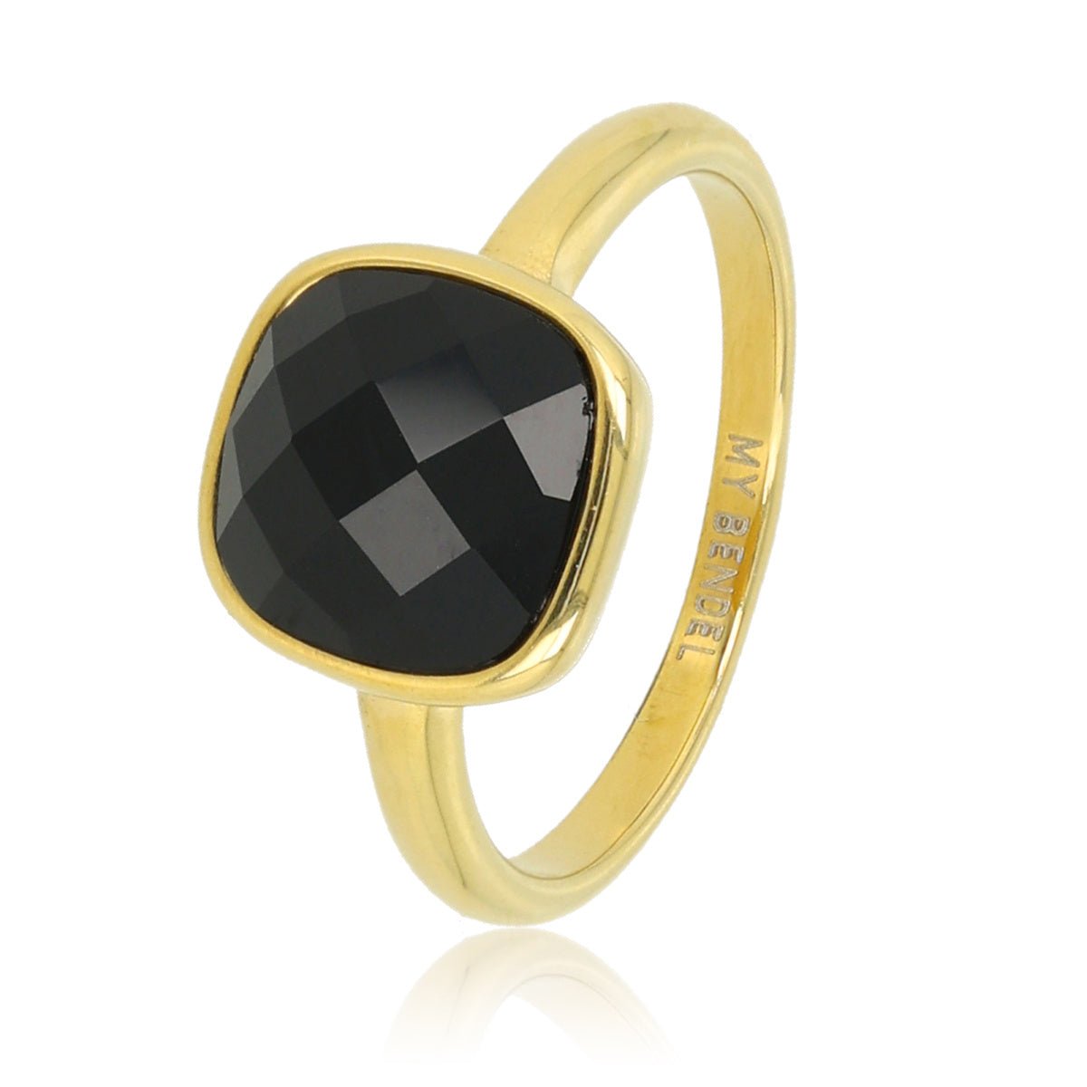 Gouden ring - Zwarte facet kristal glassteen - My Bendel