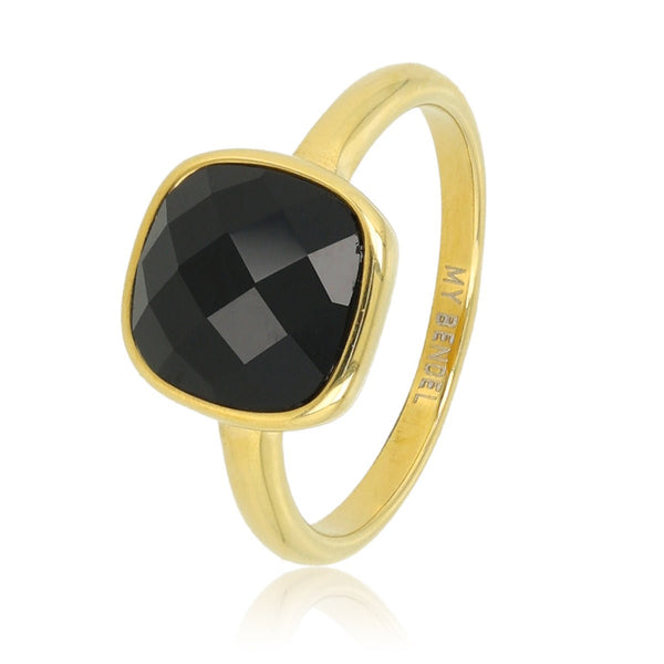 Gouden ring - Zwarte facet kristal glassteen - My Bendel