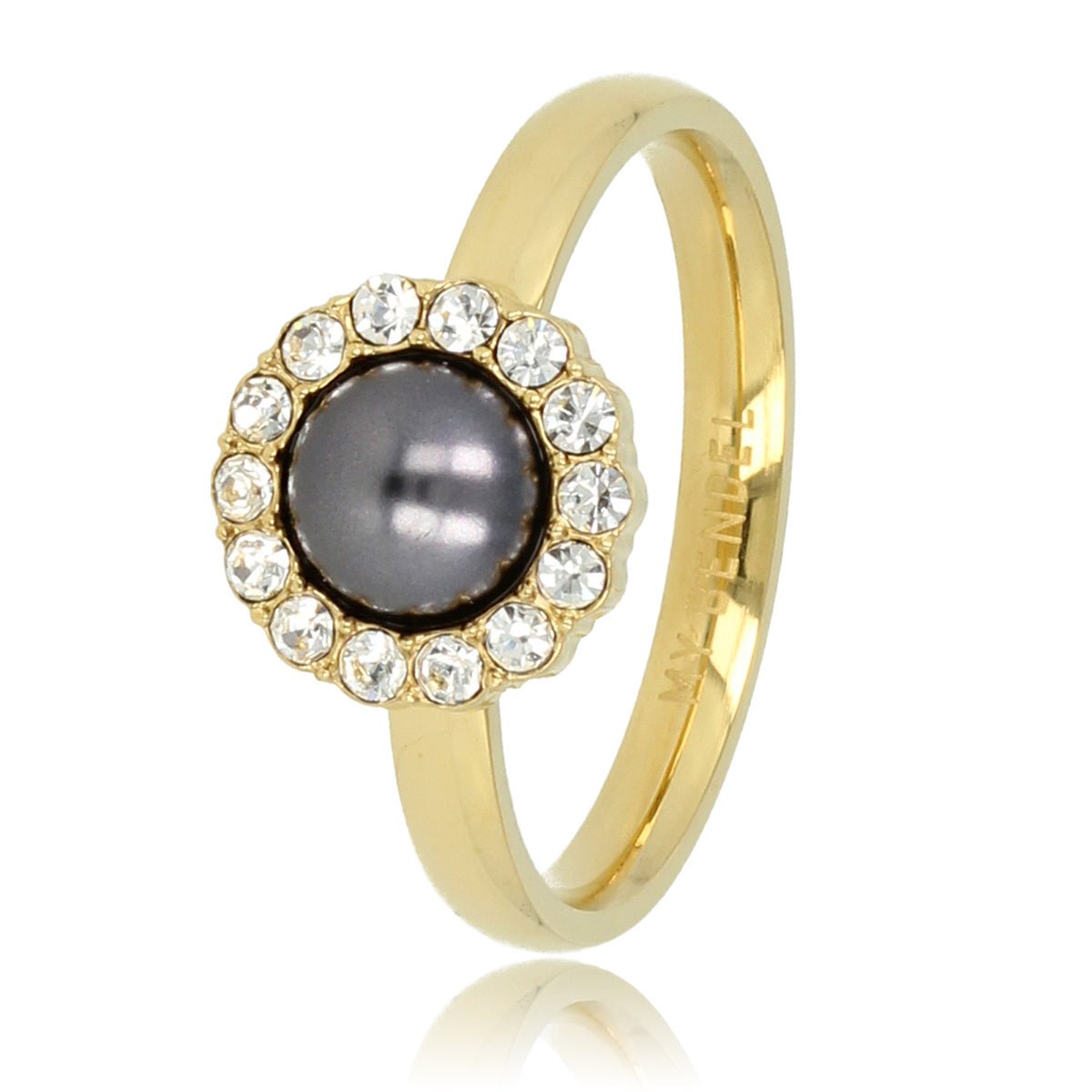 Gouden ring - zwarte parel - zirkonia steentjes - My Bendel
