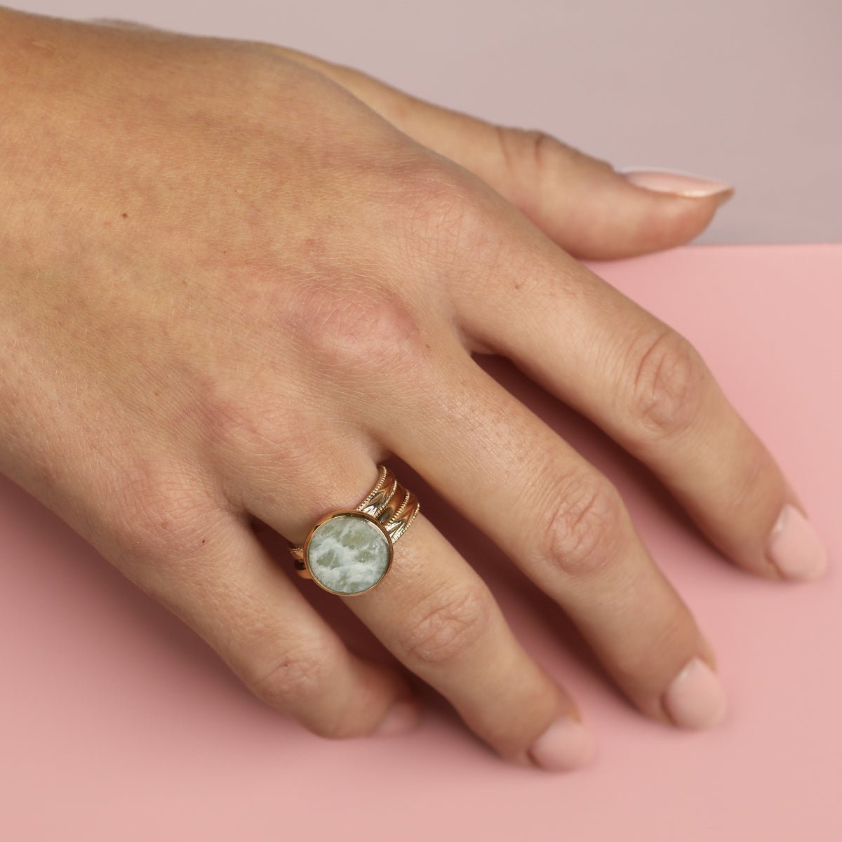 Gouden ringenset - bladmotief en Amazonite edelsteen - My Bendel