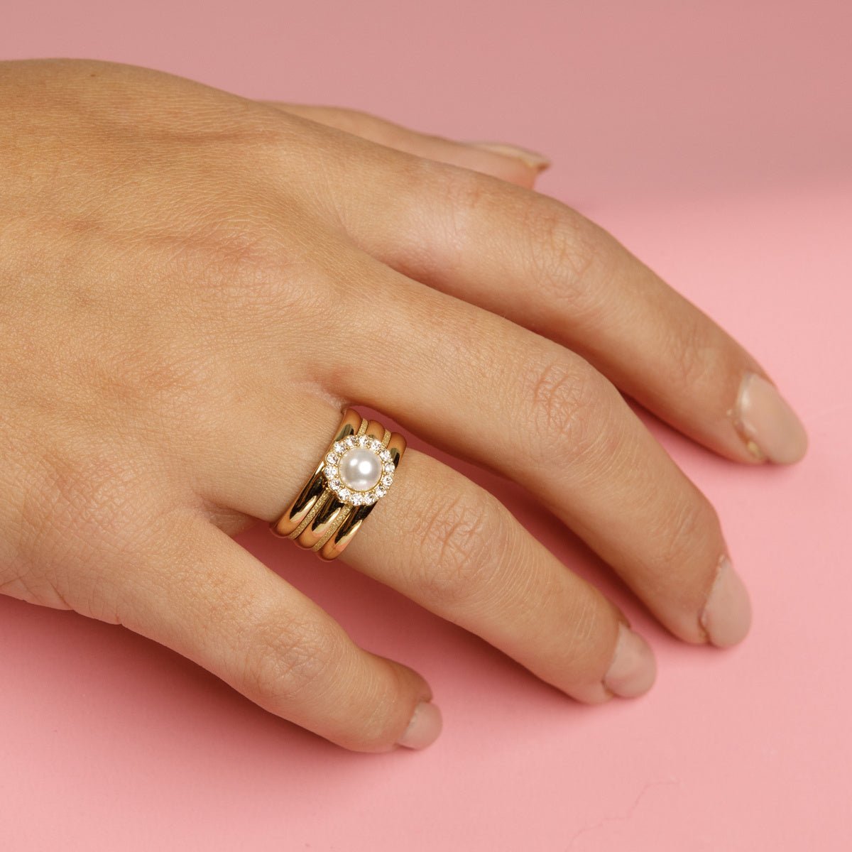 Gouden ringenset - witte parel - zirkonia - stardust ringen - My Bendel