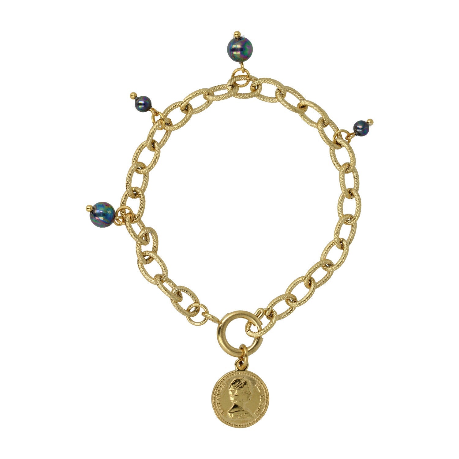 Gouden Schakelarmband met Zwarte Parel bedels - My Bendel