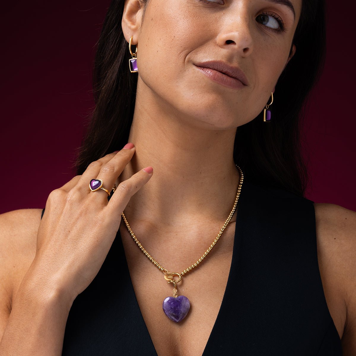 Gouden Schakelketting Dames Amethyst Hart 47cm - My Bendel