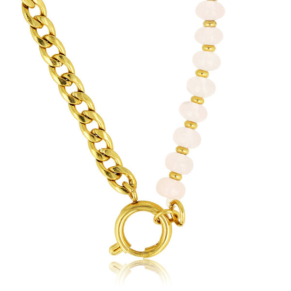 Gouden Schakelketting met Rose Quartz Edelstenen - My Bendel