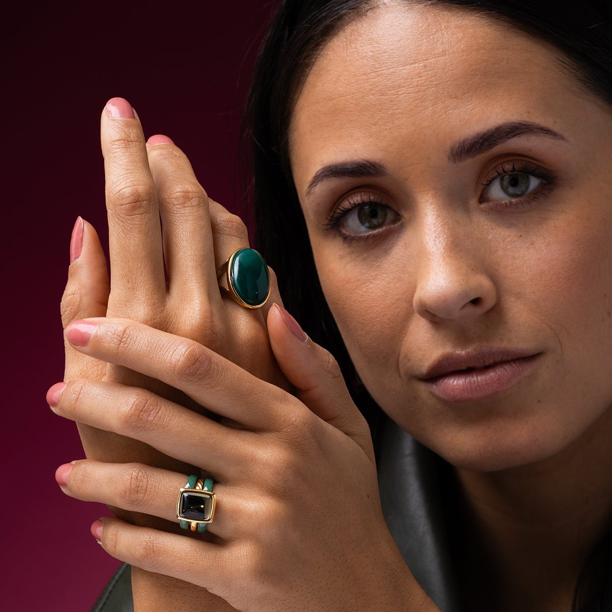 Gouden statement ring - Green Agate edelsteen - My Bendel