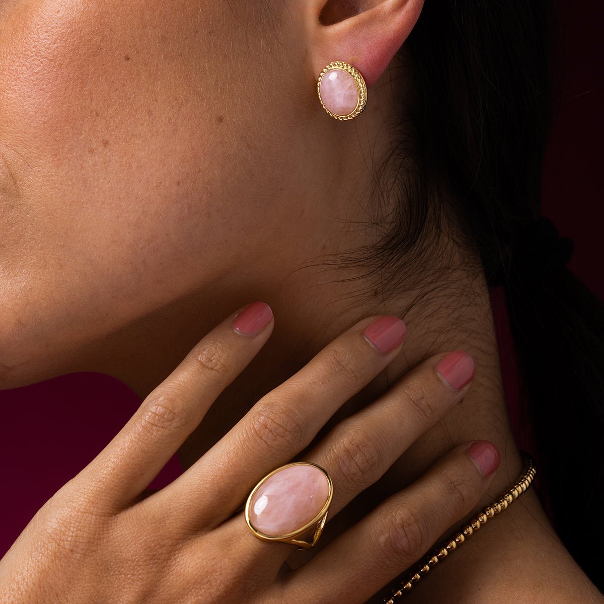 Gouden statement ring - Rose Quartz edelsteen - My Bendel