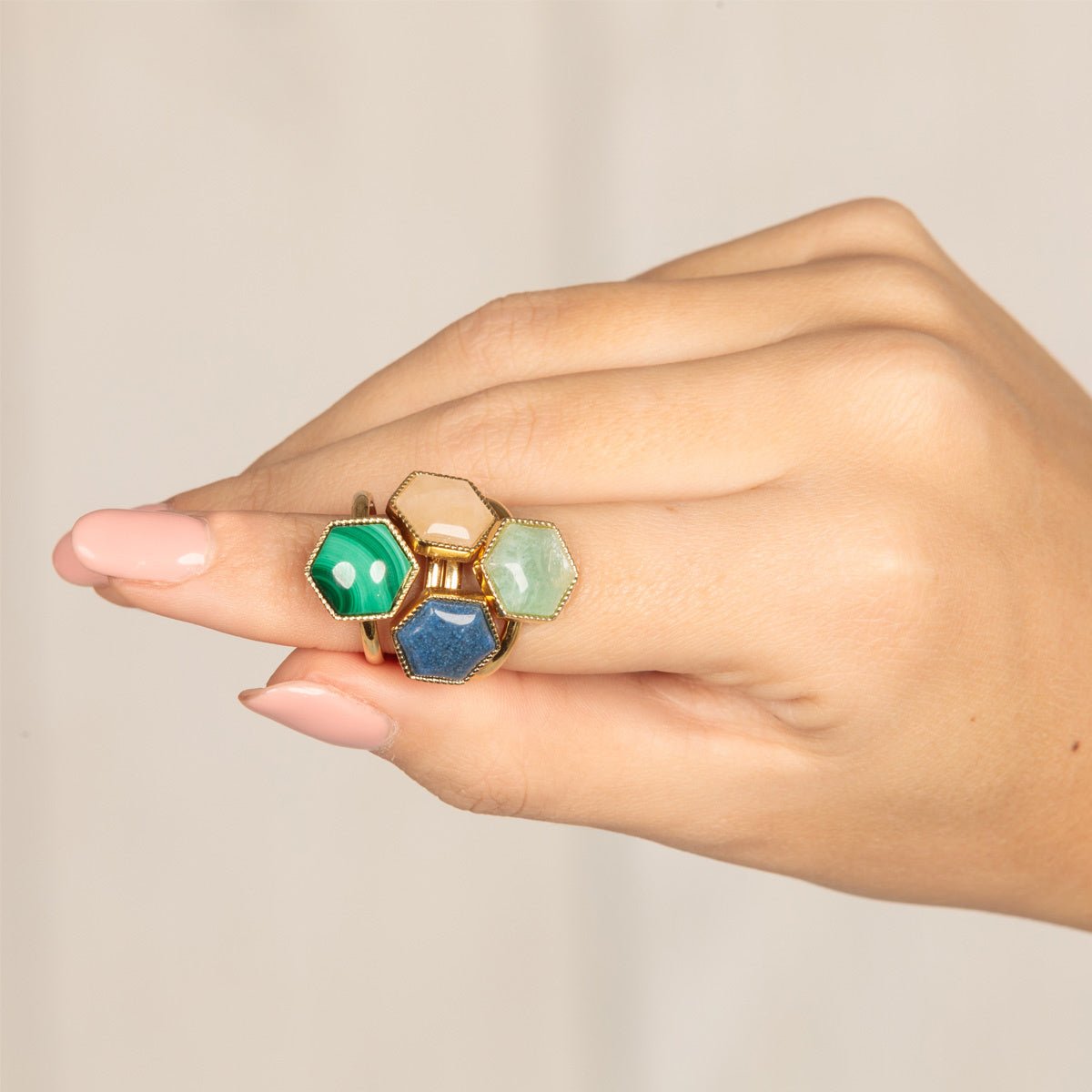 Gouden Zeshoek Ring met Amazonite Edelsteen - My Bendel