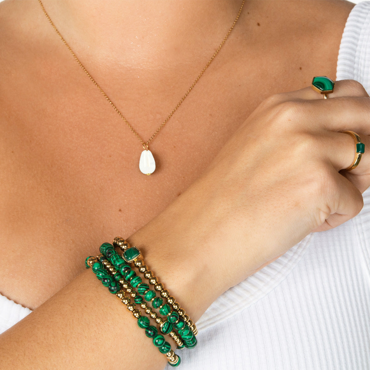 Gold Chain with White Aventurine Pear-Shaped Pendant