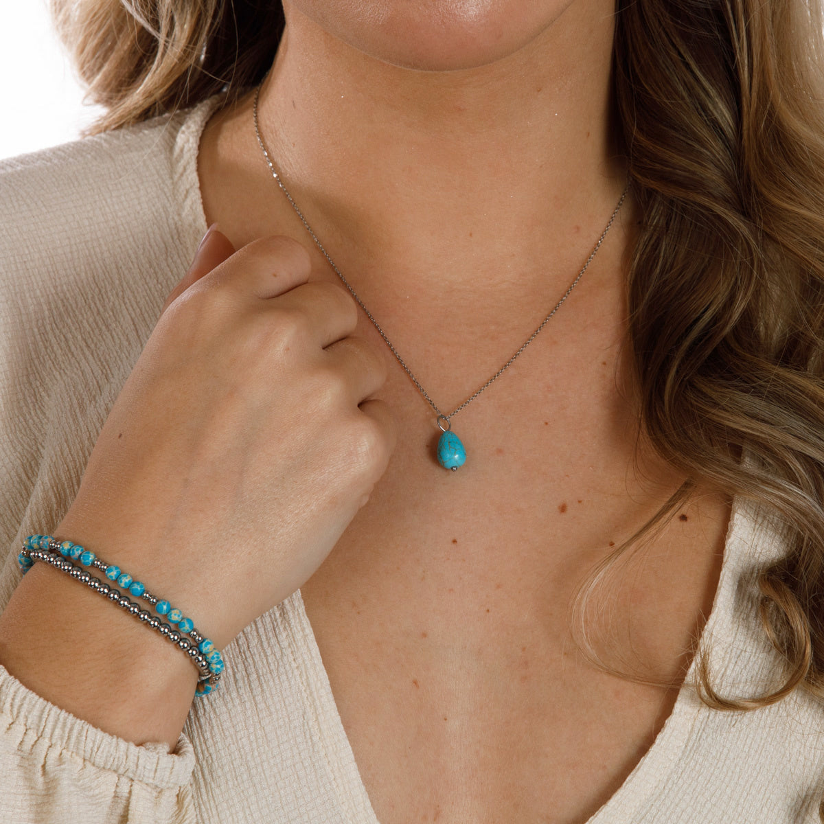Silver Necklace with Blue Howlite Pear-Shaped Pendant
