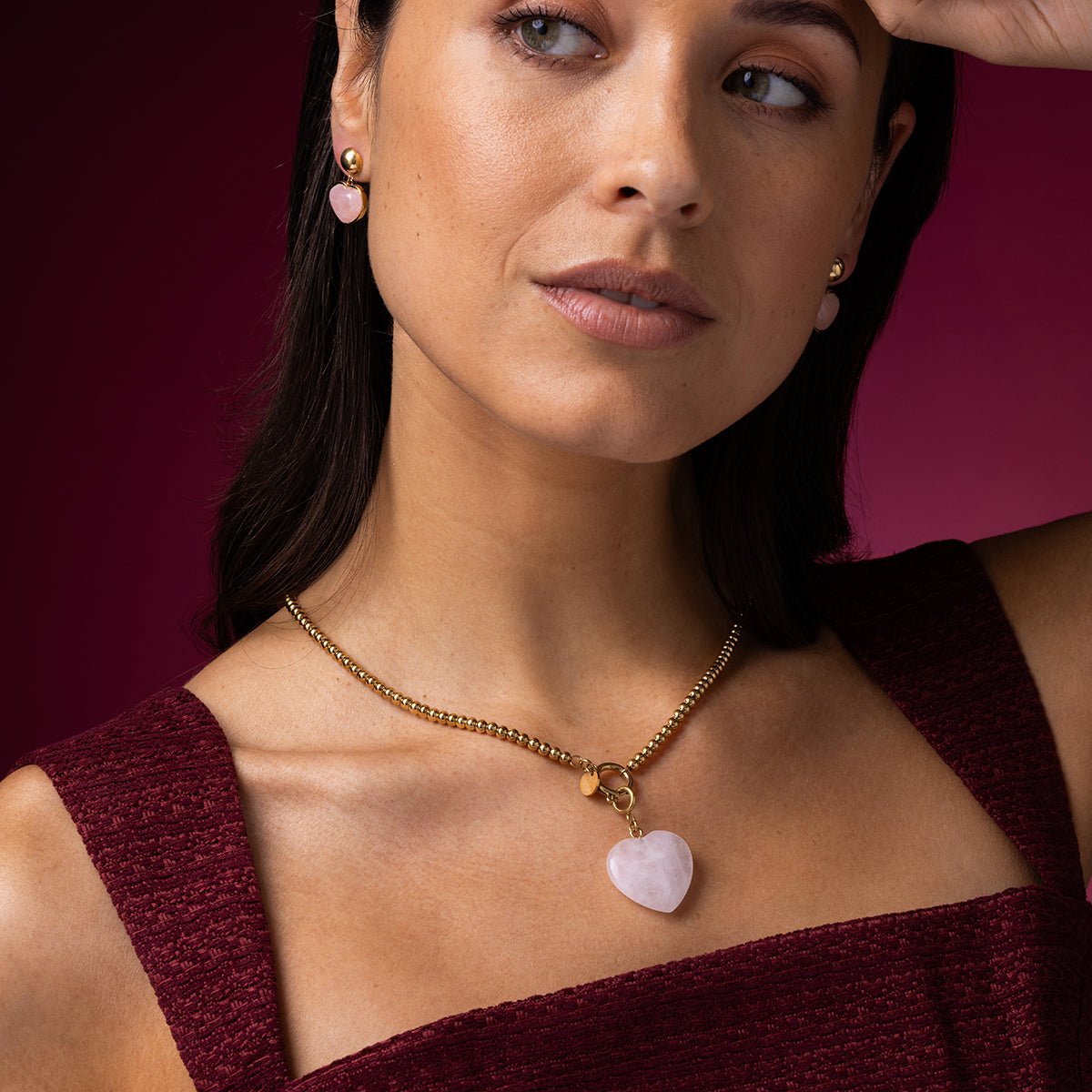 Hartvormige Gouden Oorstekers met Rose Quartz - My Bendel