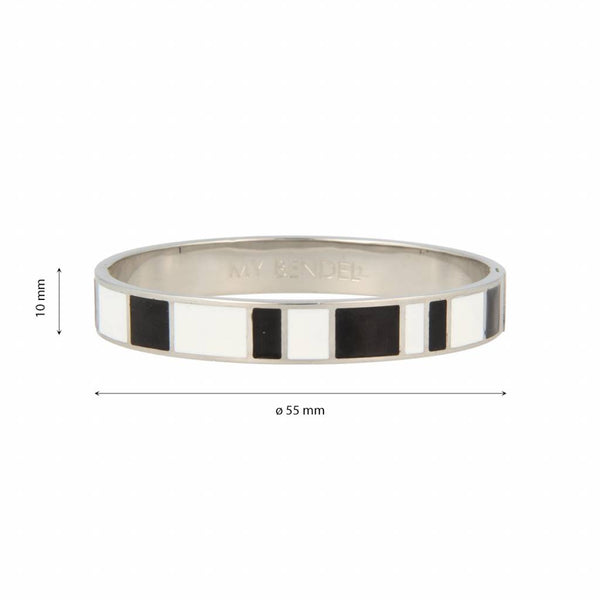 Elegante zilveren bangle van 10 mm met zwart-wit epoxy. Blijft jarenlang mooi, irriteert niet en verkleurt niet. Perfect voor elke gelegenheid. # MB1001