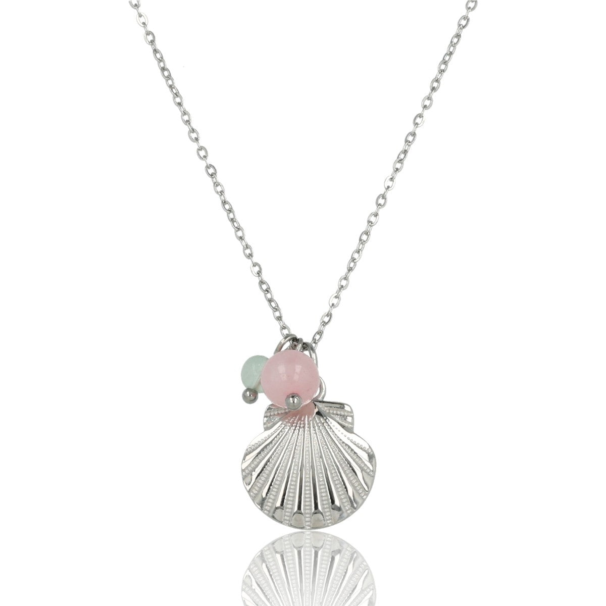 Silberne Kette mit Muschel, Rosenquarz & Fluorit Edelsteinen
