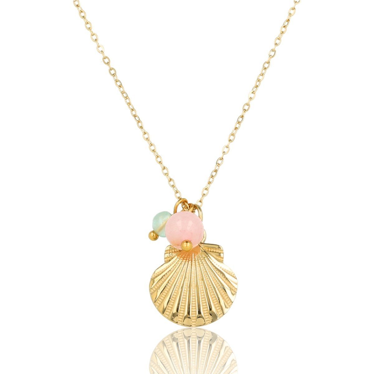 Gouden Ketting met Schelp, Rose Quartz & Fluorite Edelstenen - My Bendel