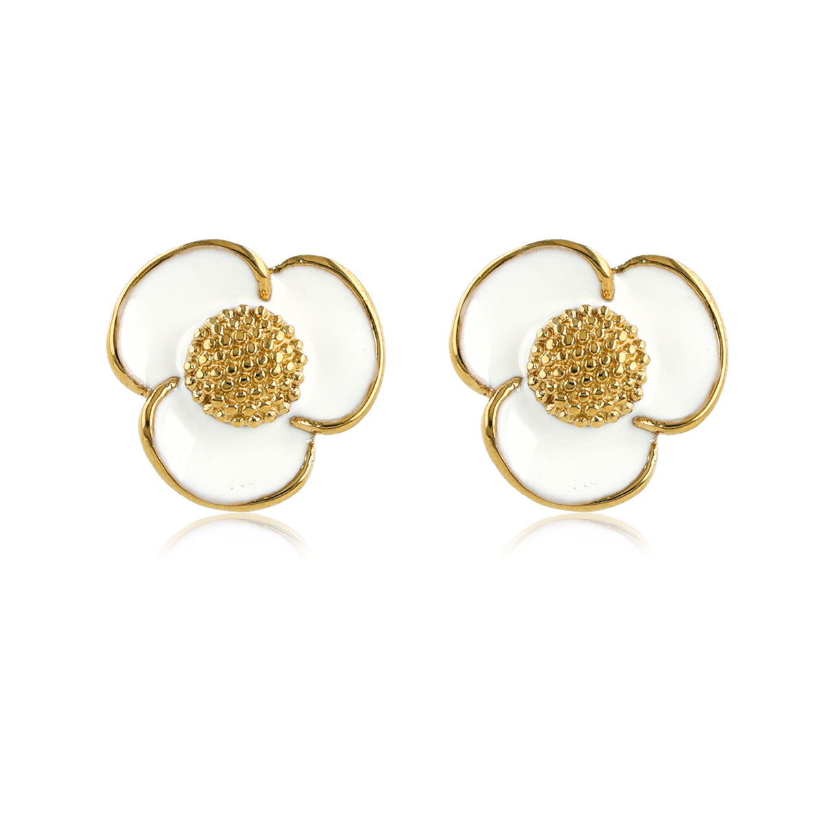 Radiant Golden Ear Stud with White Epoxy Flower Detail