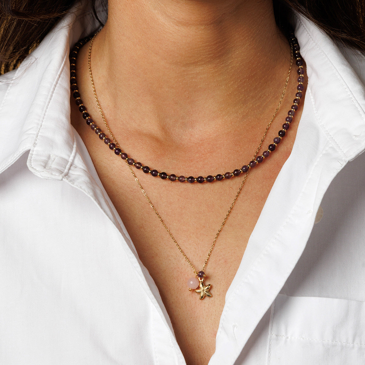 Gouden Lange Ketting met Amethyst Kralen
