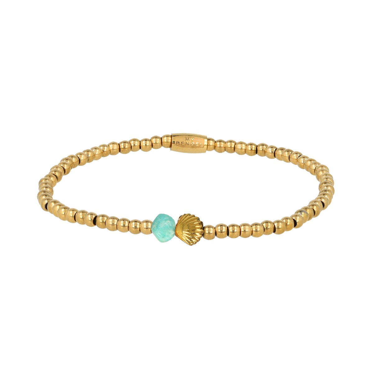 Amazonit Muschel Armband mit goldenen Perlen