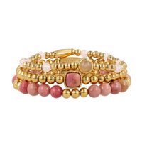 Gold Bracelets Set Rhodonite & Rose Quartz Gemstones