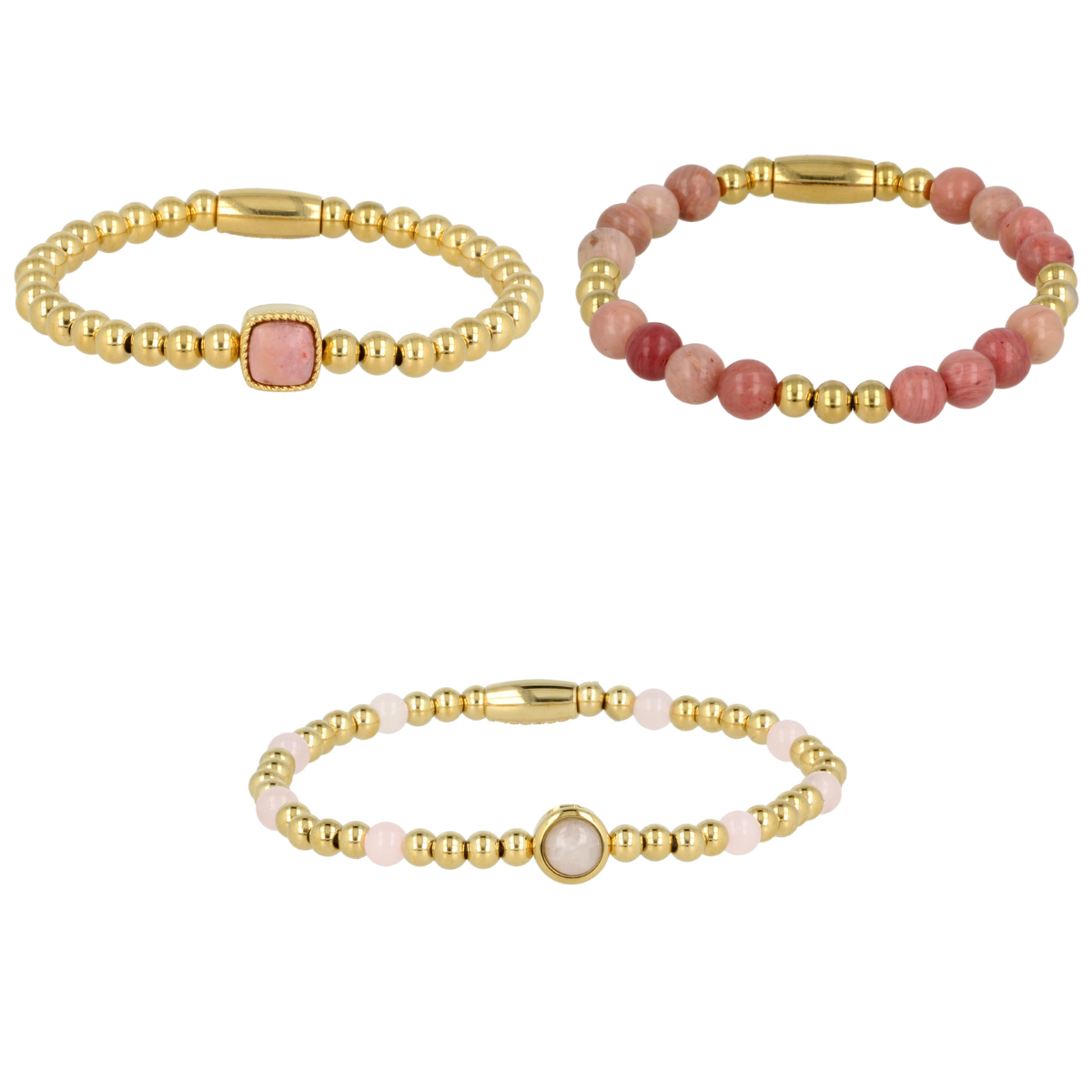 Gold Bracelets Set Rhodonite & Rose Quartz Gemstones
