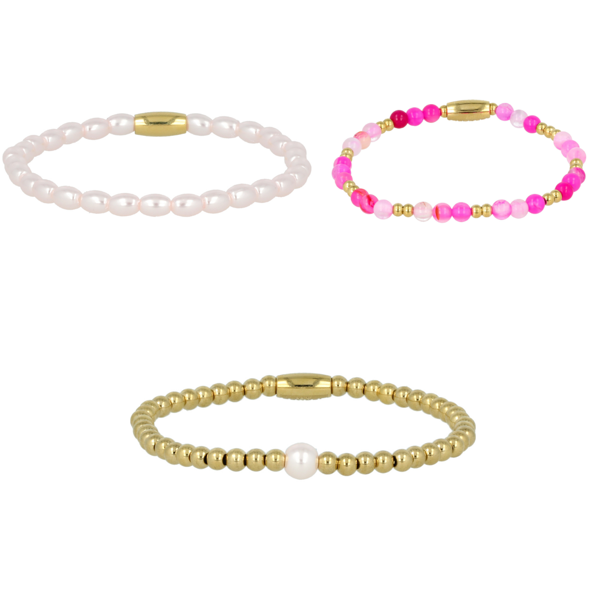 Gouden Armbanden Set met Rose Stripe Agate en Parel