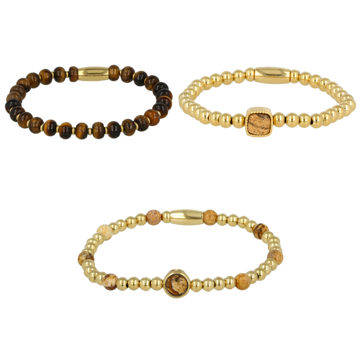 Goldene Armbänder Set mit Jaspis und Tigerauge