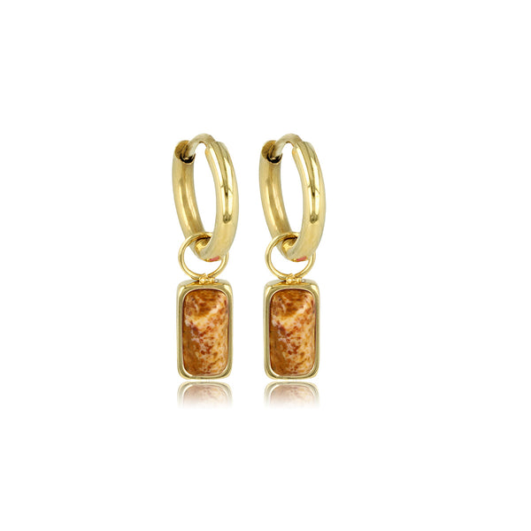 Classy combinatie van gladde ronde gouden creool met Picture Jasper hanger