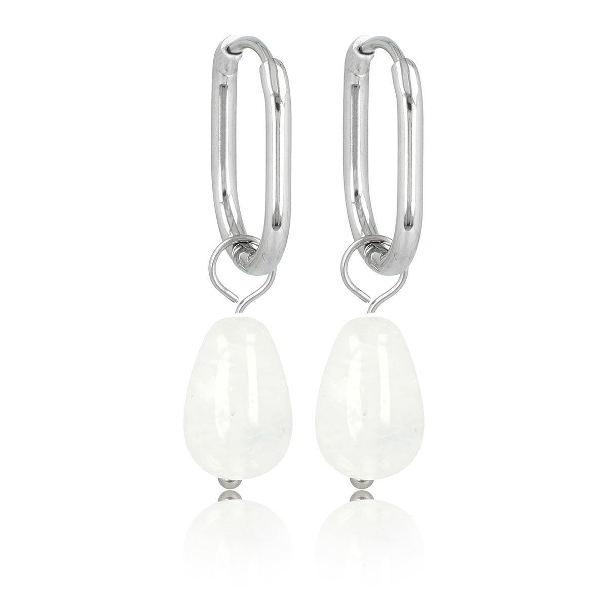 Silver Oval & Pear-Shaped White Quartz Earrings